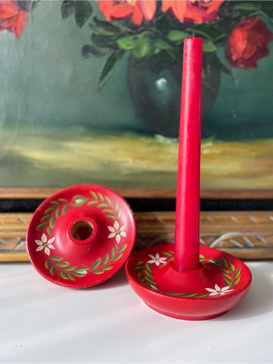 Other - Swedish Red Floral Wooden Hand Painted Candle Holders. Scandinavian folk art.